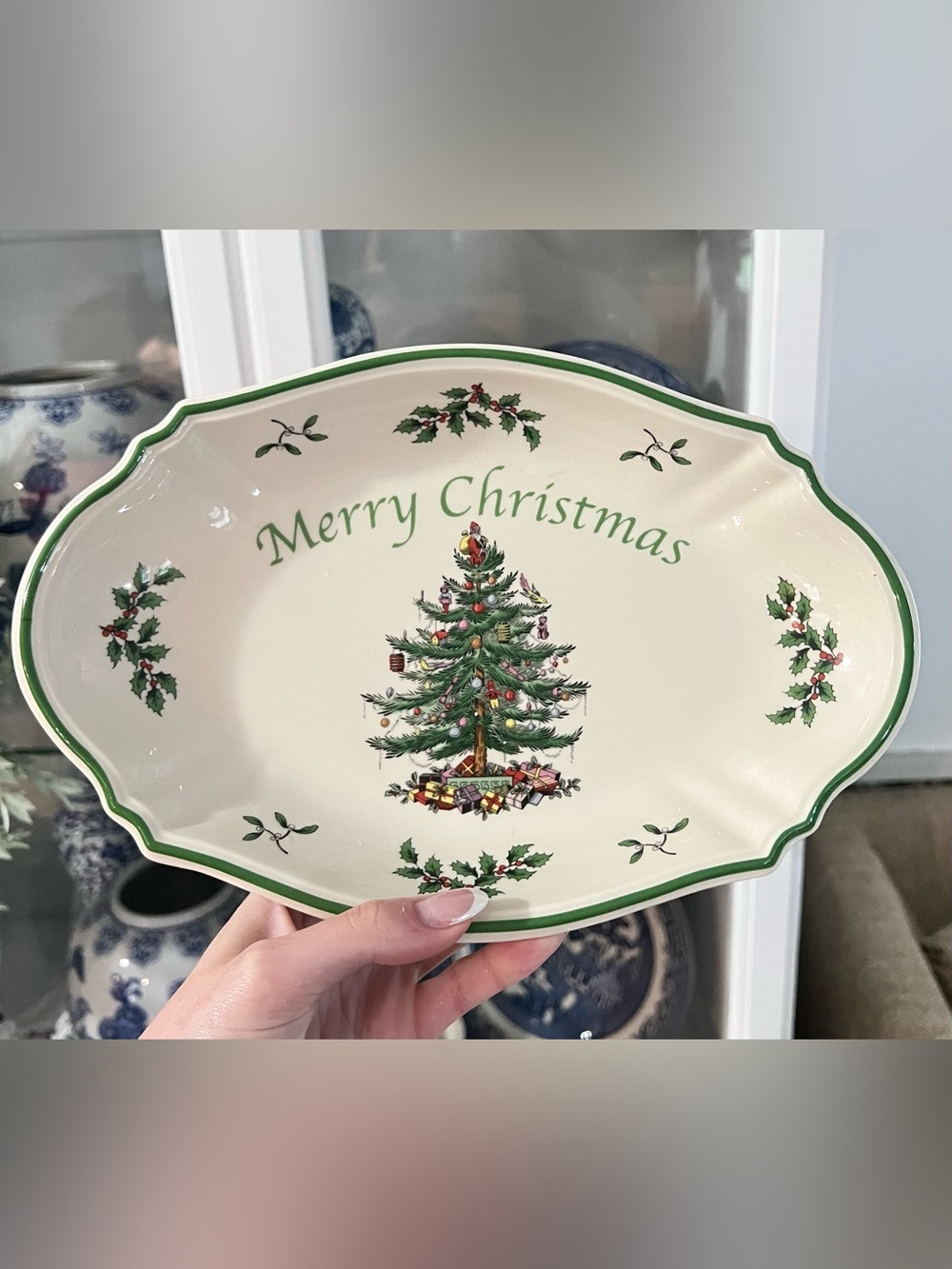 Spode Christmas Tree Oval Serving Platter - Green & Cream